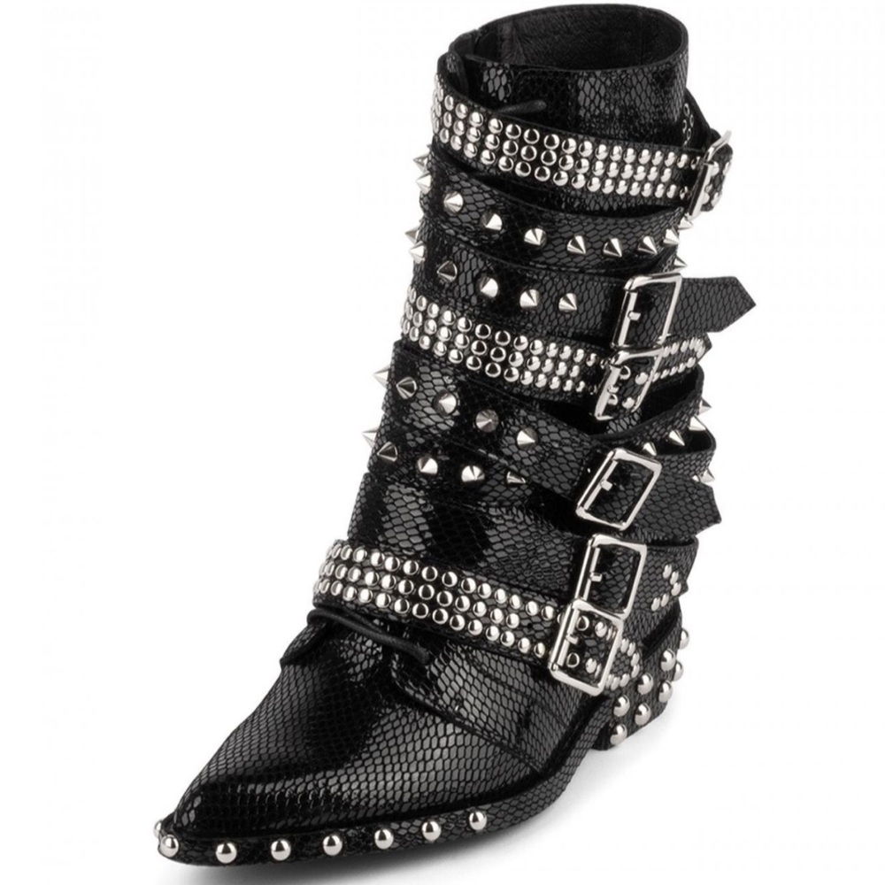 🆕JEFFREY CAMPBELL DRACO STUD WEDGE MOTO BOOTS BLACK SHINY SNAKE SILVER SIZE 7.5